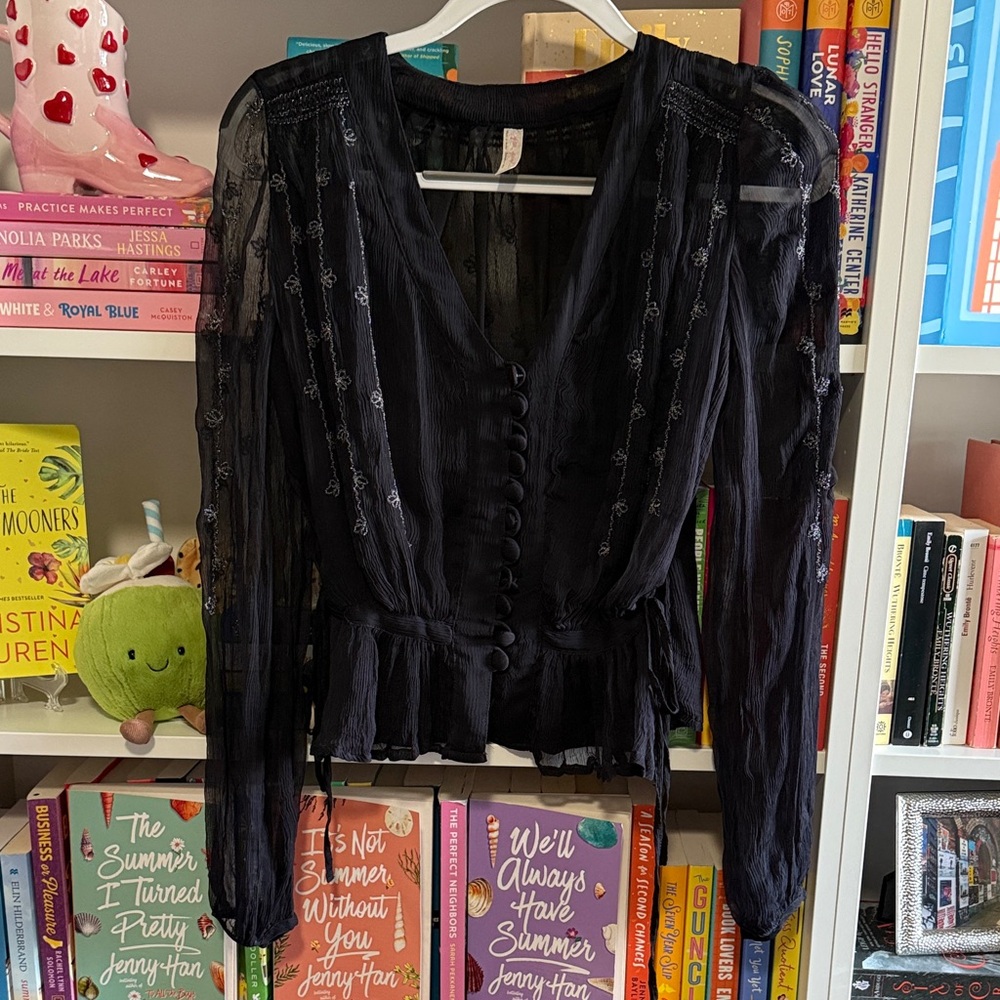 Free People Black Sheer Blouse with Button Detail